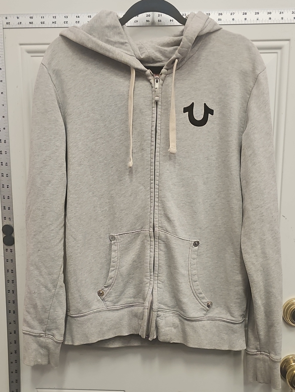 True Religion Light Gray Full-Zip Hoodie with Black Horseshoe Logo